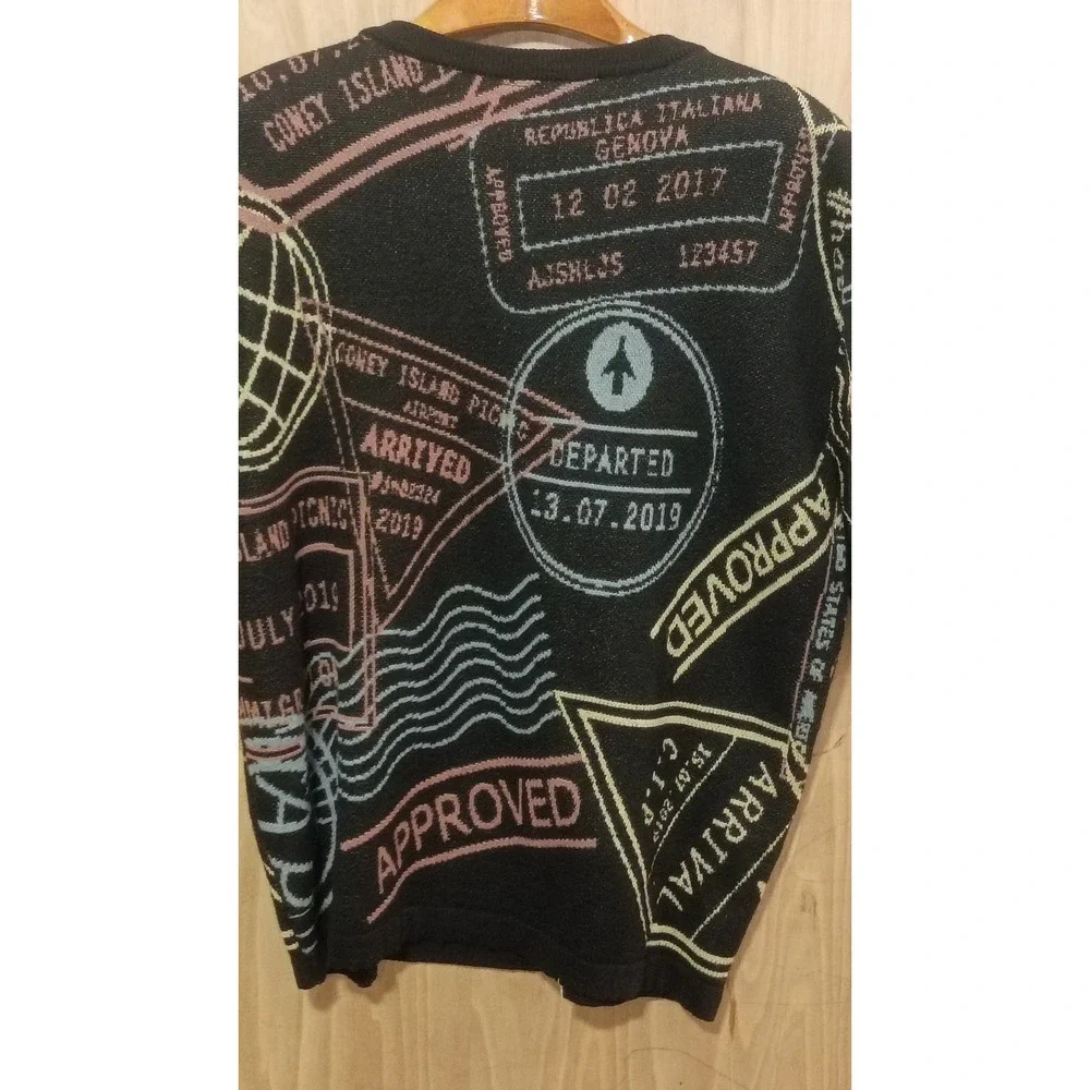 Coney Island Picnic Mens XL Passport Stamp Knit Short Sleeve Sweater Black